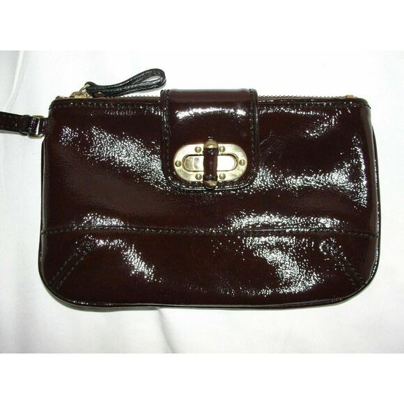 ANN TAYLOR Purse Brown Patent Gold-tone Turnlock Zippered Wristlet Clutch Case - Picture 2 of 4